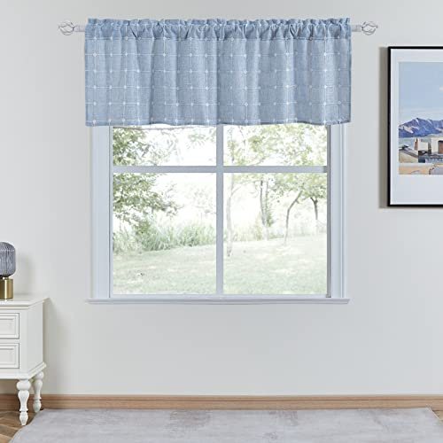 Devola Scheibengardine Leinenoptik Bistrogardine mit Stickerei Kurzgardinen Halbtransparent Küchengardinen Landhausstil Vintage Cáfe Gardine BxH 100x45cm Blau 1 Stück