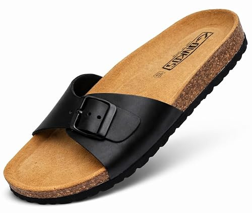 GONKOS®, lädersandaler med innersula i kork, äkta läder, naturkork, justerbart spänne, skovelsandaler för kvinnor, kvalitetssandaler tillverkade i Spanien, svart färg storlek 41