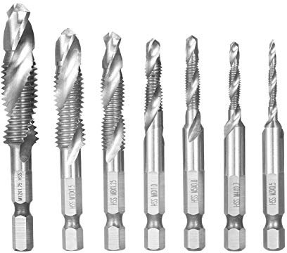 Irfora 7-teiliges Kombi-Bohrer- und Gewindebohrer-Set Metrisches Gewinde HSS M3-M12 Gewindebohrer-Bit-Werkzeug Schnellwechsel 1/4-Zoll-Sechskantschaft