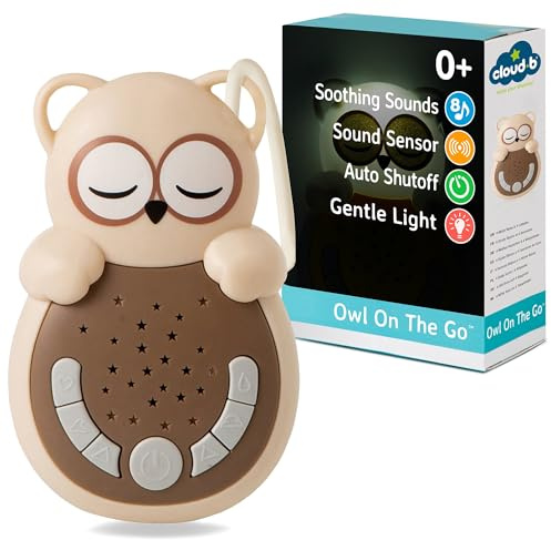 Cloud b Sweet Dreamz On The Go | Macchina del Suono da Viaggio con Luce Calmante | 4 Rumori Bianchi & Ninne Nanne Rilassanti | Sensore Smart Riattivante & Bagliore Soffice | Aiuto Sonno Neonato | Gufo