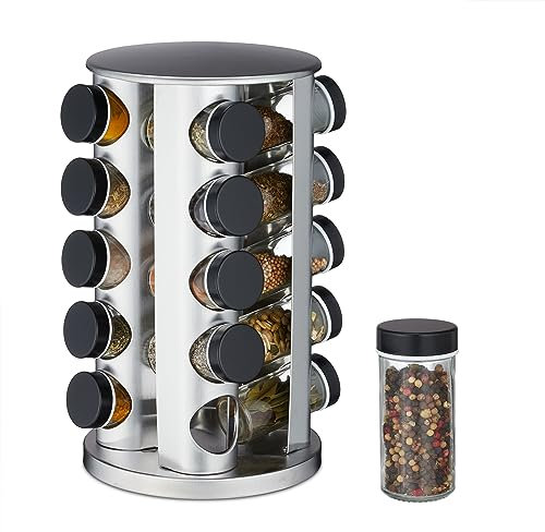 Relaxdays Gewürzkarussell, 20 Gewürzgläser, mit Streueinsatz, drehbar, nachfüllbare Gewürzbar, Edelstahl, Silber/schwarz