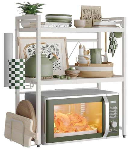 NETEL Erweiterbares Mikrowellen Regal,küchenregal arbeitsplatte stehend | Regal küchen organizer für Backofen,kaffeemaschine&aufbewahrung,Kohlenstoffstahl,8 Haken,Schneidebretthalter,3 stufig,Weiß