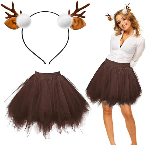 LYNBLY Rentier Kostüm Damen, Rentier Haarreif und Tüllrock, Geweih Kostüm, Rentier Karneval Damenkostüm, Reh Kostüm Tierkostüm Erwachsene für Halloween Karneval Cosplay