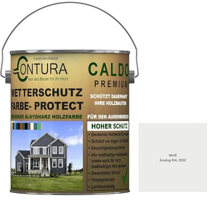 Contura Wetterschutzfarbe 500ml. Holz Dauerschutzfarbe Deckend Buntlack Holzfarbe Holzlasur Seidenmatt (Weiß - RAL 9010 Analog)