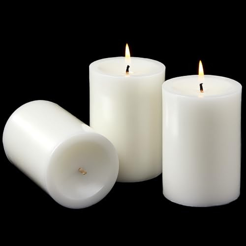 Ashlux 3x4 Inch White Pillar Candles, Set of 3 Wax, 56 Hours Long Burning, Unscented and Dripless Pillar Candles Bulk for Christmas Lights, Wedding, Parties, Spas, Home Decorative