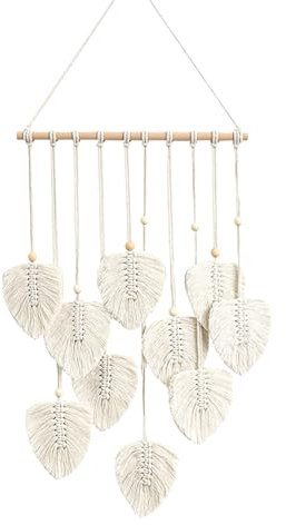 Makramee Wandbehang Boho Deko, Wandteppich Boho Style mit Holzperlen und Blätter, Tapisserie Wanddeko Handgemacht, für Outdoor, Wohnzimmer, Schlafzimmer, Indoor, Geschenke - 40 × 80 cm (Beige)