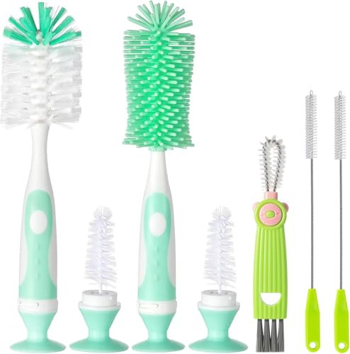 Cepillo para biberones, 5 en 1 con cepillo limpiador de biberones de nailon y silicona, cepillo para pajita, cepillo para biberones con limpiador de pezones y ventosa, kit de cepillos limpiadores de