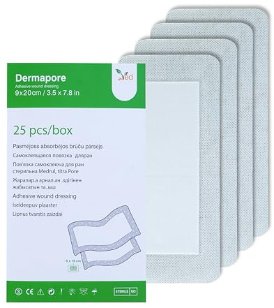 VED Dermapore Wundkleber – Geeignet für Schnitt- und Abschürfungen, diabetische Beingeschwüre, venöse Beingeschwüre, kleine Druckgeschwüre – Mittel, 9 x 20 cm (25er-Packung).