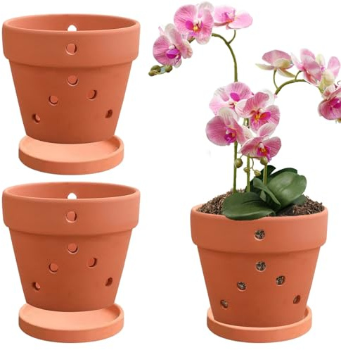 Orchideentöpfe mit Löchern und Untertassen, 3pcs 5 -Zoll -Keramik -Orchideen -Topf zum Wiederholung, Orchideen -Pflanzer, Pflanzenblumtöpfe für die Förderung des Luftzirkulationsorchideetöpfe mit Löc