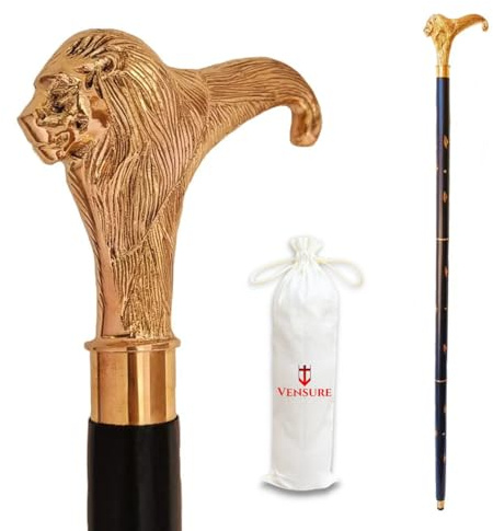 Vensure Antique Solid Brass Lion Head Handle Wooden Cane - Black Wooden Walking Stick - Handmade Designer Cane - Fancy, Stylish, Vintage Walking Cane for Gift Men, Women & Senior