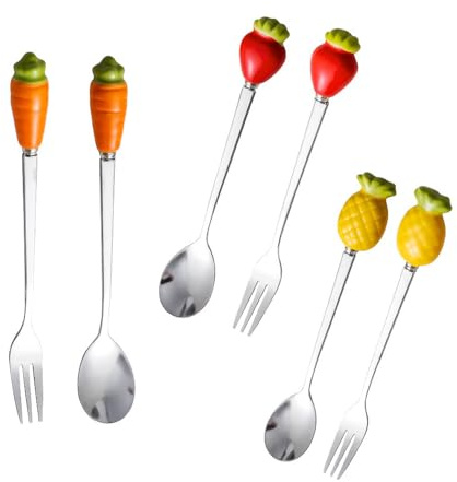 (6 Pieces) Personalized Fruit Ceramic Handle Small Fork Stainless Steel Fruit Fork Dessert Moon Cake Fork Coffee Spoon (Mixed)
