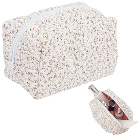 HORREX Kosmetiktasche Blumen Blumenmuster Kulturtasche Gesteppte Kosmetiktasche Tragbare Makeup Tasche Make up Tasche Make Up Bag zur Aufnahme Verschiedener Schminkutensilien für Mädchen Frauen (Rosa)