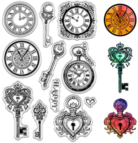 craspire Transparente Stempel Mit Vintage Schloss Und Schlüssel Retro Uhr Dekorativer Gummi Siegelstempel Geschenk Wiederverwendbar Transparentes Silikon Für DIY Scrapbooking Journaling