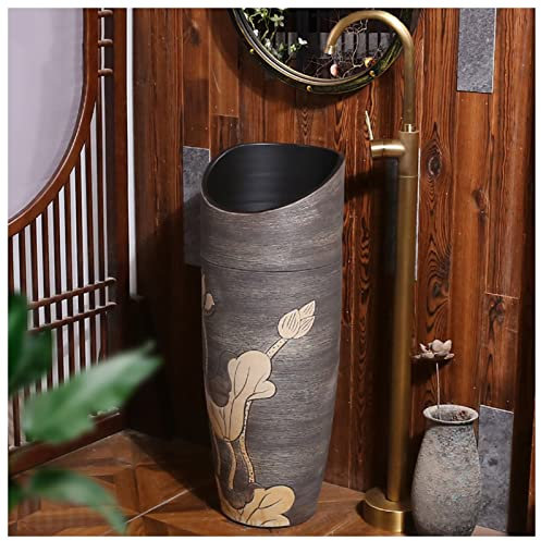 Standwaschbecken aus Keramik im Retro-Industrie-Stil, mit Standfuß, hartem und leicht zu reinigendem Standwaschbecken, Badezimmer-Arbeitsplatte aus Kaolin-Ton, E-mit Spie,E-with Mirror