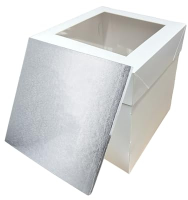 LARRYROO Tall White Cake Box Extra Deep with Clear Display Window & Silver Square Cake Drum Board Combo (12)