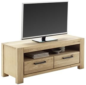 möbelando Lowboard >SILIAS< TV-Lowboard aus massiver Wildeiche mit 2 Schubladen und offenem Fach für Fernseher bis 50 Zoll, geölte Oberfläche, FSC-Zertifiziert, Maße: 132x51x50 cm, modernes Design