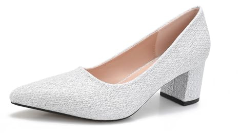 QiBusLeen Dam Glitter Court skor Slip On Low Block Pumps stängd spetsig tå klänning tjocka klackar för kvinnor bekväma bröllop bal dating pumpar, SILVER, 44 EU