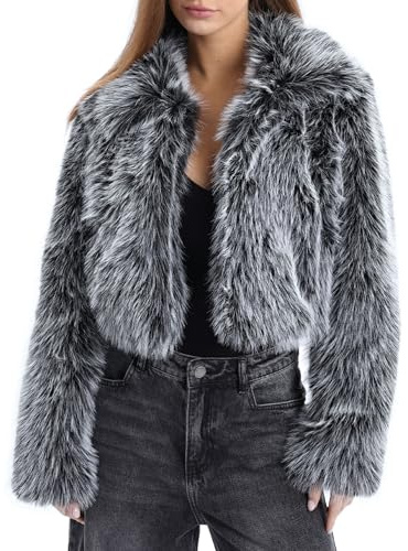 Amazhiyu Womens Faux Fur Coat with Pockets, Winter Lapels Open Front Jacket Black M