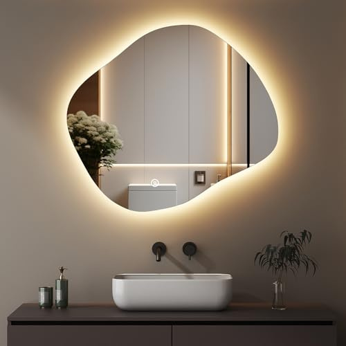 Boromal LED Badspiegel mit Beleuchtung Asymmetrischer Spiegel mit Beleuchtung 74x64cm Asymmetrischer Spiegel mit Licht Badezimmer Wandspiegel, Touch-Schalter, Dimmbar, 3 Lichtfarbe Einstellbare