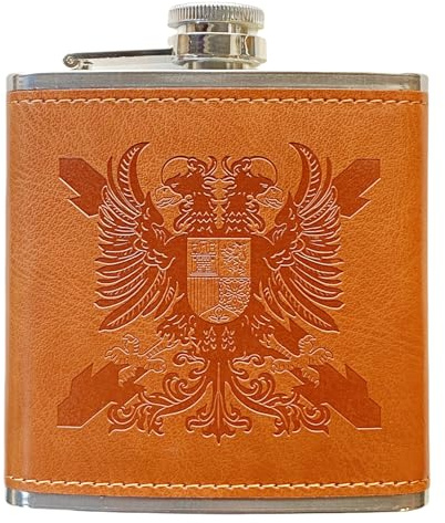 Petaca de Acero Inoxidable 304 /Forrada en Piel(Marrón) Alcohol Personalizada para Hombres, Petaca 6oz/177ml, Camping, Senderismo, Bar, Fiesta, Barbacoa y Bodas (Cruz de Bolgoña con Águila Bicéfala)