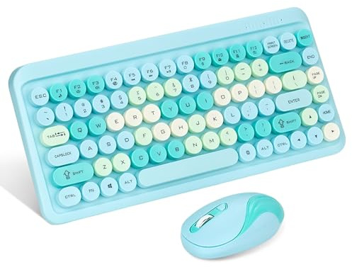 Wireless Keyboard and Mouse Combo, 2.4 GHz Wireless Colorful Retro Typewriter Keyboard, 1000/1200/1600 DPI Mouse, Cute Round Keycaps (Misty Blue)