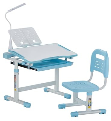 VEVOR Juego de Mesa y Silla de Estudio para Niños, Capacidad de Carga de 100 kg Ajuste de Altura del Escritorio de 53-71 cm con Lámpara de Mesa y Tablero Inclinado de 0-40° para Dormitorio, Azul