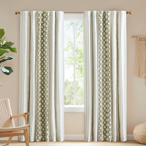 Ink+Ivy Imani 100% Cotton Single Panel Curtain Tufted Chenille Stripe Geometric Print Mid-Century Look Rod Pocket Top Drape for Living Room, Privacy Window Treatment for Bedroom, 50 W x 95 L, Green