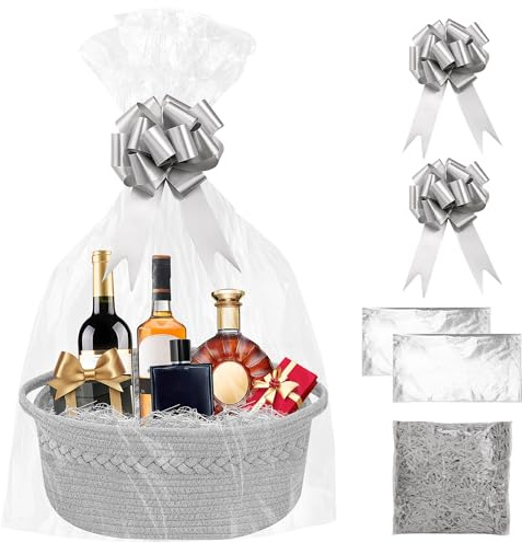 SelfTek Geschenkkorb-Set aus Weide, grauer Seilkorb mit Cellophan-Beutel, Jutebänder und Ziehschleifen, gewebte Aufbewahrungskörbe, leerer Geschenkkorb für Dusche, Hochzeit
