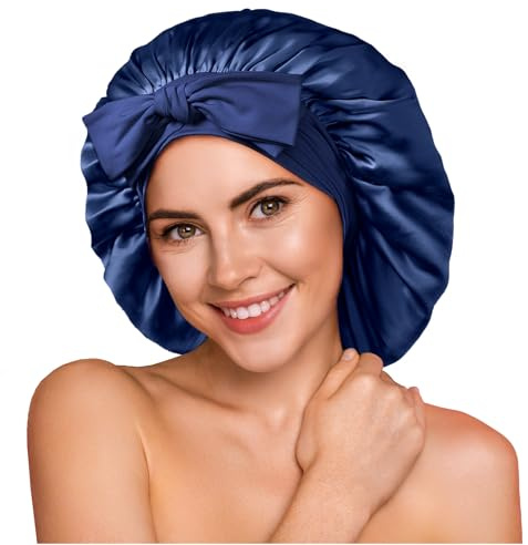Umisleep 100% 22 Momme de Mûrier Bonnet Soie Cheveux Nuit pour Dormir, Bonnet de Nuit Doux en Soie Double Couche pour Cheveux Frisés, Respirant, Large Bande Ajustable pour Attacher à la Tête, Bleu