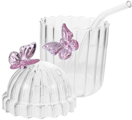 ABOOFAN Glas Trinkbecher Mit Strohhalm Und Deckel Transparente Dose Mit Niedlichem Schmetterlingsdesign Auslaufsicher Langlebig Und Stabil Für Zuhause Büro