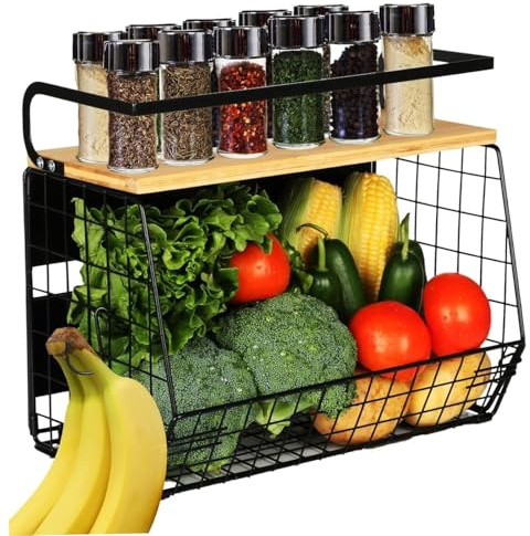 Magnetic Spice Rack for Fridge, 33lbs Heavy Duty Metal Wire Magnetic Shelf with 2 Hooks, 2 Tiers Fruit Storage Containers for Fridge, Spices, Oils, Fruits, Vegetables, Utensils.