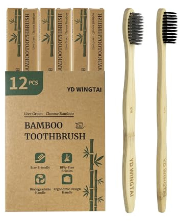 YD WINGTAI Biodegradable Bamboo Toothbrushes 12pack Non Plastic Toothbrush Natural Wooden Travel Size Organic Charcoal Tooth Brush