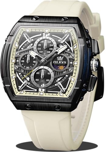 OLEVS Watch Men Luxury Watches for Men Fashion Casual Large Square Skeleton Multifunctional Chronograph Waterproof Grey Rubber Men's Wrist Watches with Date Dress Analog Mens Watch Reloj para Hombre
