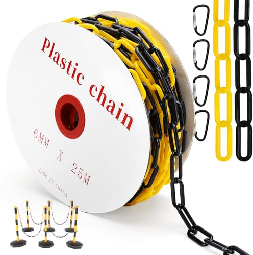 Erzekrim Absperrkette Warnkette Plastikkette Gelb Schwarz Kunststoff Kette 6mm Stärke Absperrkette Kunststoff mit 4 Karabinern für Baustelle,Parkplatz,Warteschlangen,Kunststoffkette (25M,Schwarz Gelb)