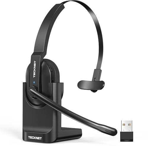 TECKNET Bluetooth Headset, Wireless Headset with Microphone Noise Cancelling & USB A Dongle, 60H Playtime & Mute, On Ear Headphones with Charging Dock for Trucker/Office/Call Center/Computer/Cellphone