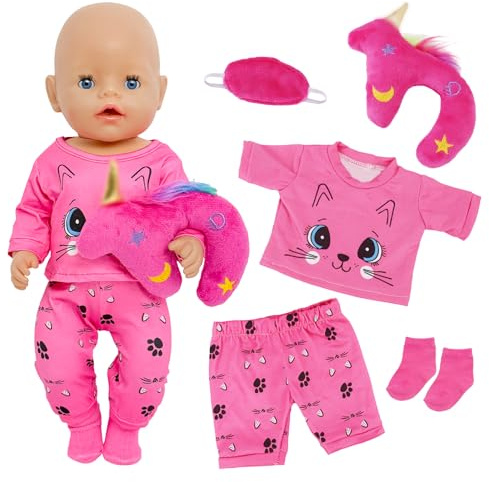 5 Stück Babypuppenkleidung für 14-18 Zoll Puppen, Süße Katzen Cartoon Puppen Outfits mit Oberteil, Hose, Ponykissen, Augenmaske, Socken, 35-45 cm Puppenkleidung und Accessoires, Geschenk für Mädchen