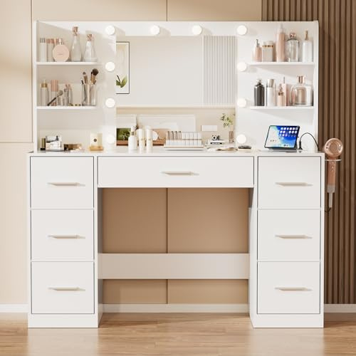 JUMMICO Coiffeuse avec Miroir et Prise, 10 Ampoules LED à 3 Modes de Lumière, Table de Maquillage avec Rangement, 7 Tiroirs, 4 Étagères, Support pour Sèche-Cheveux, Meuble Moderne de Chambre (Blanc)