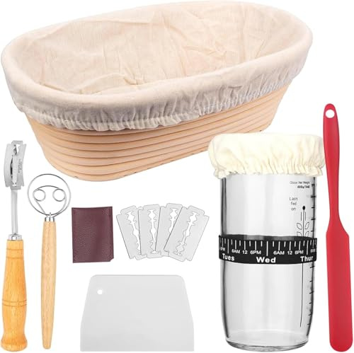 10 Inch Bread Proofing Basket Set, 24 oz Glass Sourdough Starter Jar Kit, 100% Natural Bread Banneton Proofing Basket with Dough Whisk, Linen Liner Cloth, Dough Scraper, Bread Lame, Blades