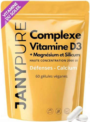 Complexe Vitamine D3 2000 UI Haute Dose + Magnésium et Silicium - Cure 2 Mois Carence Vitamine D - Vitamine du Soleil Soutien Osseux, Immunité - 60 Gélules Véganes Sans Gluten Sans Additifs