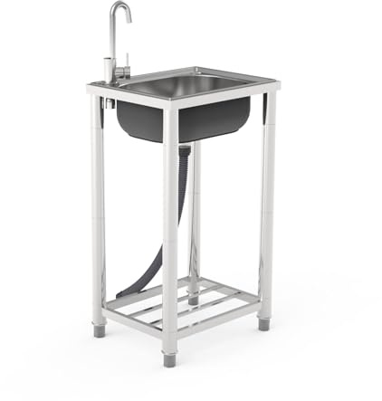 Lavabo Cucina 1 Vasca, Lavandino in Acciaio Inox Esterno con Rubinetto Lavandino Commerciale Lavelli Autoportante Lavello di Utilità Lavabo Lavamani Industriale Garage 60X45cm