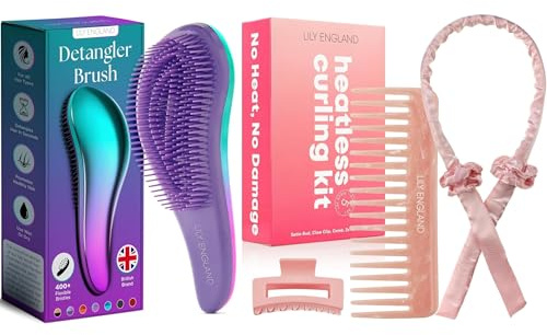 Ombre Detangler Brush with Heatless Curling Kit – Hair Care Bundle for Tangle-Free Styling and Heat-Free Curls