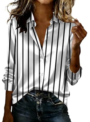 Striped Shirts for Women UK Satin Silk Collared Stylish Blouse Button Down Long Sleeve Shirts Glossy Silky Loose Fit Casual Blouses Elegant V-Neck Stripe Print Tops Office Work Blouses