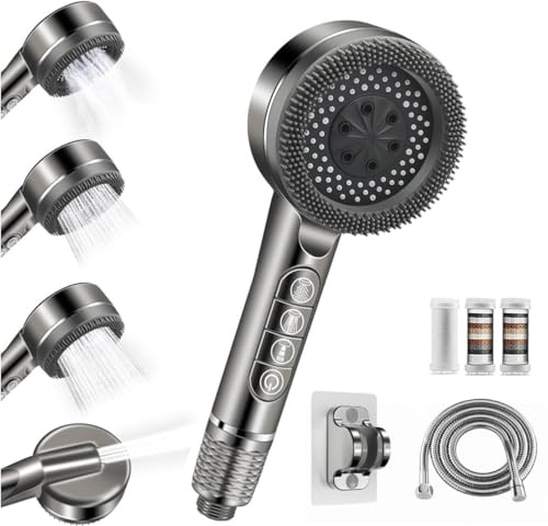 Pommeau Douche Haute Pression, Pommeau de Douche Anti Calcaire, Douchette Salle de Bain 4 Modes avec Bouton d'Arrêt, 5 Filtres à 15 Étapes, Tuyau 1,5M&Support, SPA Shower Head Economie