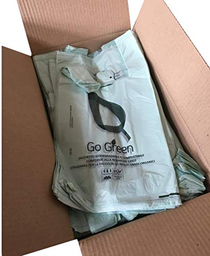 800 SACCHETTI A STRAPPO CON MANICI E APPENDINO 22+12x40 BIODEGRADABILI COMPOSTABILI A NORMA EN13432 PER ASPORTO MERCI E DIFFERENZIATA UMIDO -BIOCOMPOSTABILE-