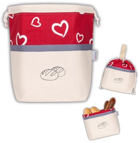slowroom Brotbeutel zur Brotaufbewahrung und Frischhalten 3 in 1 - Brotkorb Stoff  - Brottasche aus Baumwolle - Brotkasten 32 x 35 cm, Herzen