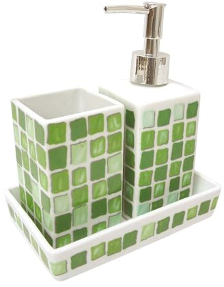Juego 3 Piezas BAÑO Accesorios SOBREMESA Lavabo Porcelana DOSIFICADOR 280ML Vaso BAÑO Bandeja Mosaico Verde