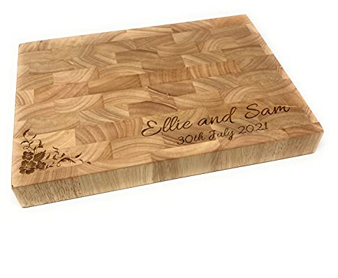 Personalised Extra Thick End Grain Heveawood Chopping Board Chopping Block - Flowers Design
