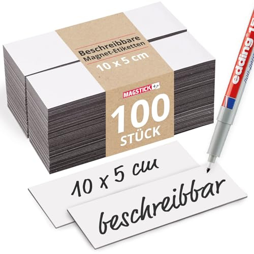 Magstick 100 Stück Magnet-Etiketten 10 x 5 cm zum Beschriften - mag154 | Rückseite magnetisch, Größe 100 x 50 mm, Stärke 0,85 mm, Kein Haftgrund für Magnete, NICHT als Haftmagnet gedacht