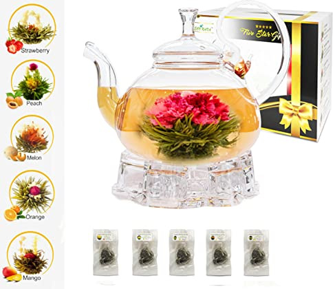 ECO NAVA Five Star Gift Flower Tea Gift Box Set: 750ml Glass Teapot with Filter Infuser, Heart Glass Warmer & 5 Blooming Flowering Green Tea Balls …