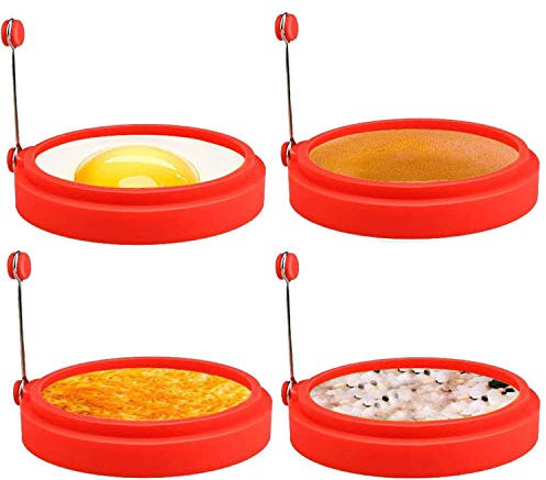 HengLiSam 4 Stück Eierringe zum Braten, 4 Zoll Antihaft-Silikon-Spiegeleierringformen, Runder Eierring zum Kochen von Perfekten Eiern, Omeletts, Pfannkuchen, Hitzebeständiger Handgriff (Rot)